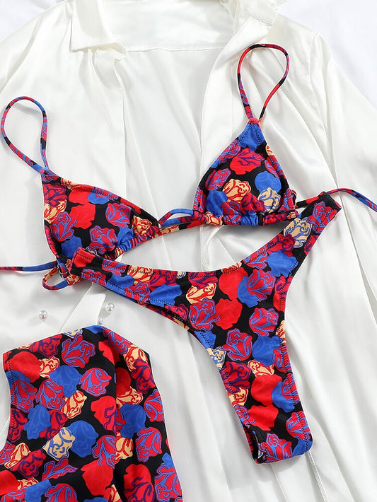 Rinabe Thong Bikini 2023 Bandage Swimsuit Women Biquini Floral Print Swimwear Women Bathing Suit Bandeau Bikini Set